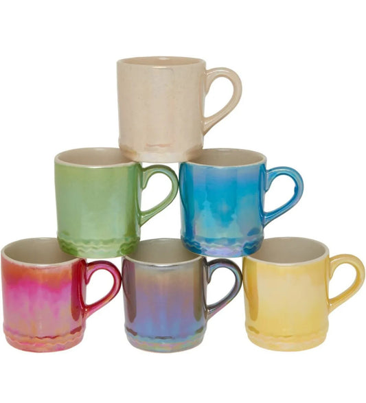 Stoneware Mugs Set of 6 Handmade Metallic Coloured Coffee Mugs 300ml Shiny Mugs