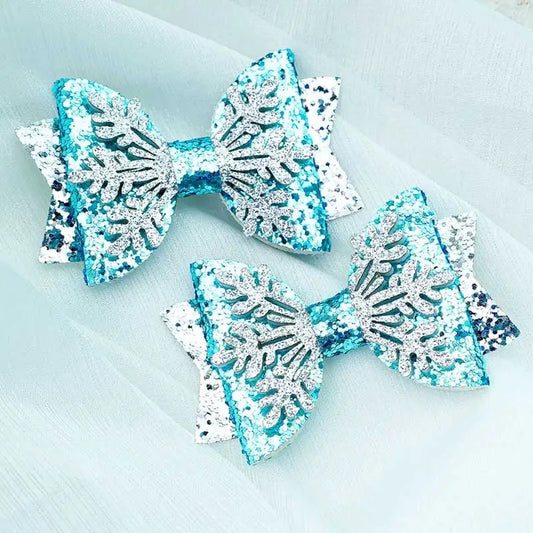 2x Glitter Snowflake Hair Bows with clips